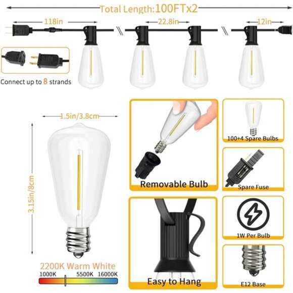 Outdoor String Lights 200FT, Commercial Vintage Patio Lights with 100+4 1W - Picture 6 of 7